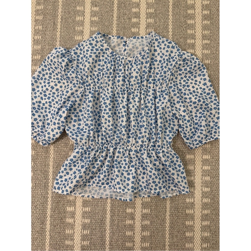 Blue Floral Cottagecore Smocked Waist Rouched Top L Size Medium